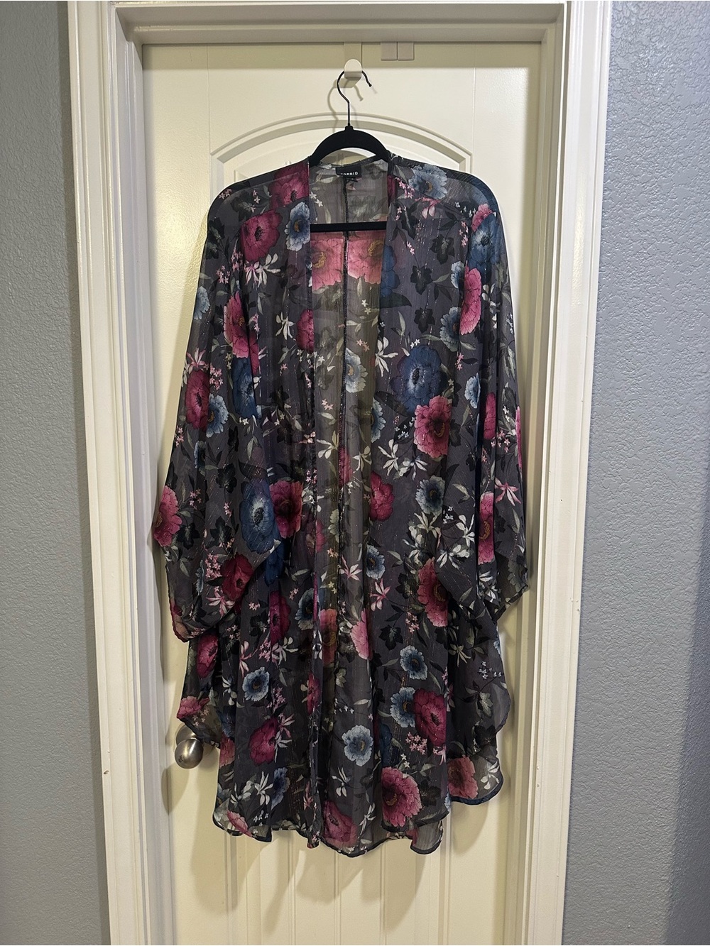 torrid Sheer Floral Kimono in Charcoal with Pink & Blue Blooms